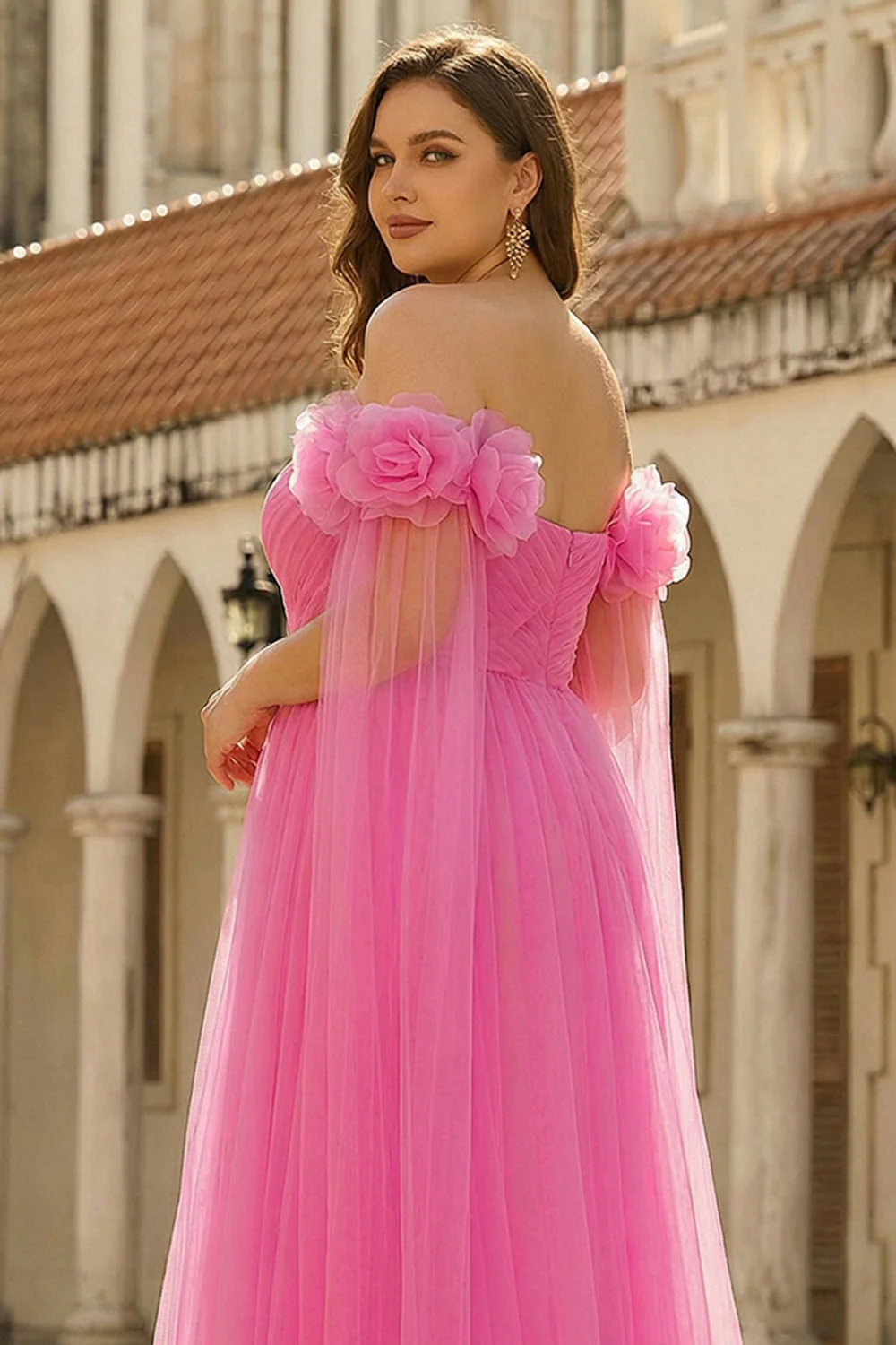 Hot Pink Off the Shoulder A Line Pleated Tulle Long Plus Size Prom Dress with Streamer - Image 5