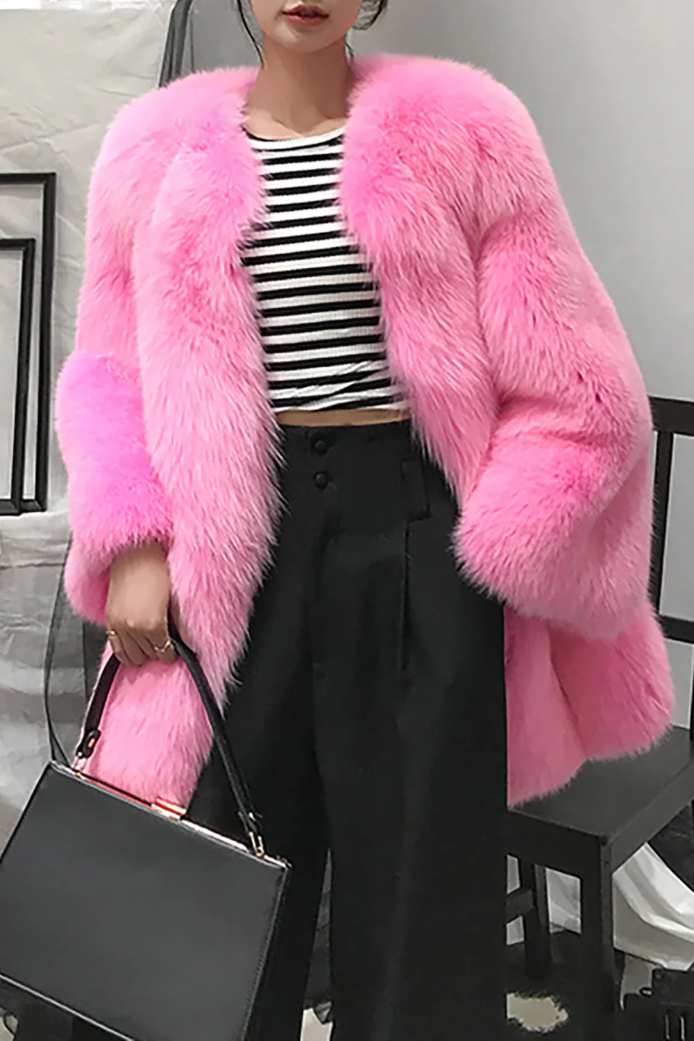 Hot Pink Shawl Lapel Oversized Faux Fur Women Coat - Image 3