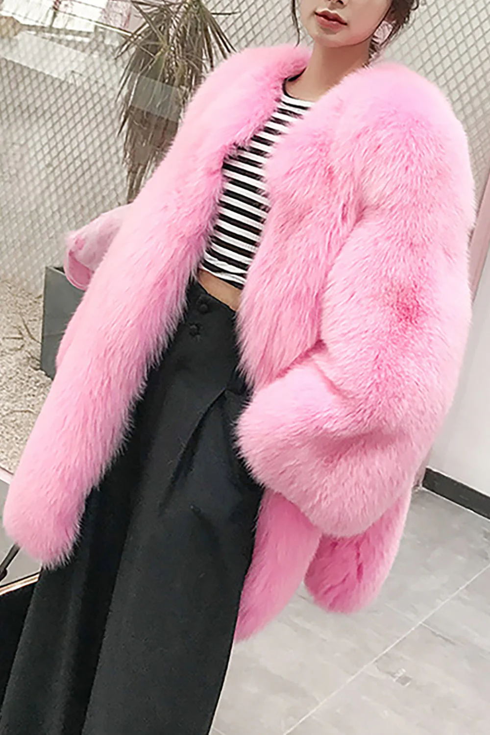 Hot Pink Shawl Lapel Oversized Faux Fur Women Coat - Image 4