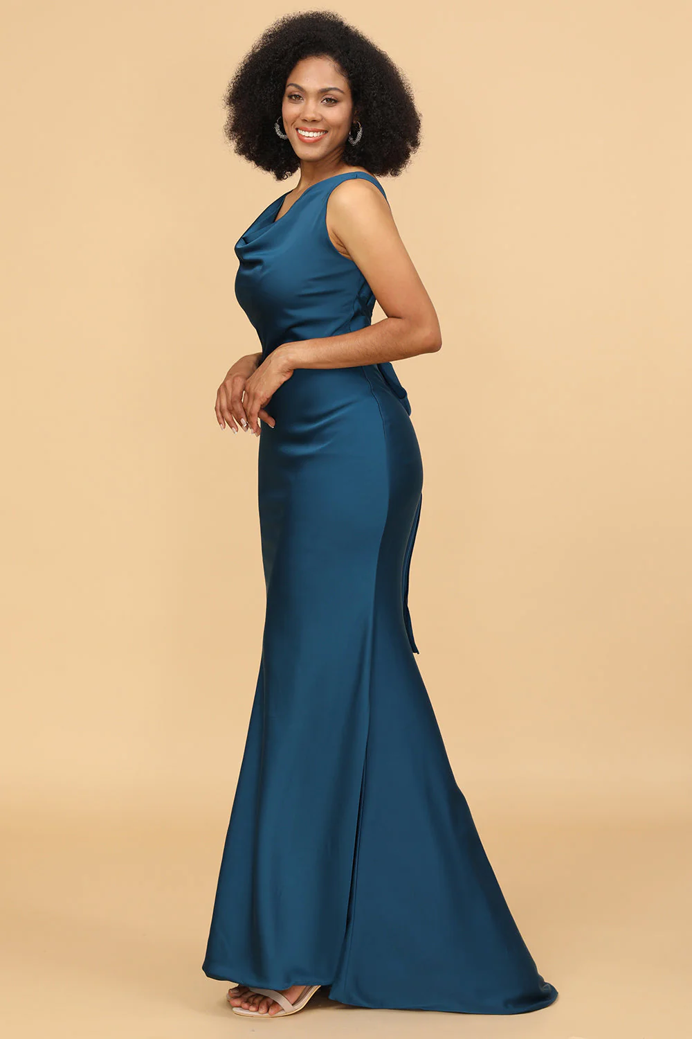Ink Blue Satin Mermaid Bridesmaid Dress - Image 3