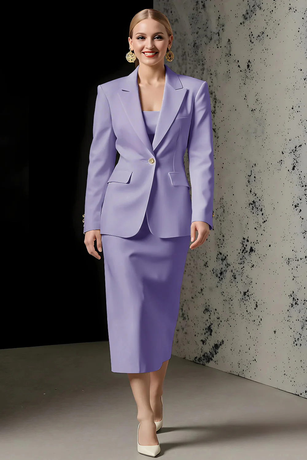 Ivory 2 Piece Ivory Peak Lapel Pencil Midi Business Suits - Image 10
