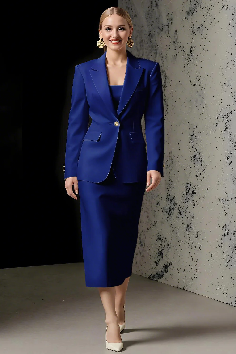 Ivory 2 Piece Ivory Peak Lapel Pencil Midi Business Suits - Image 11