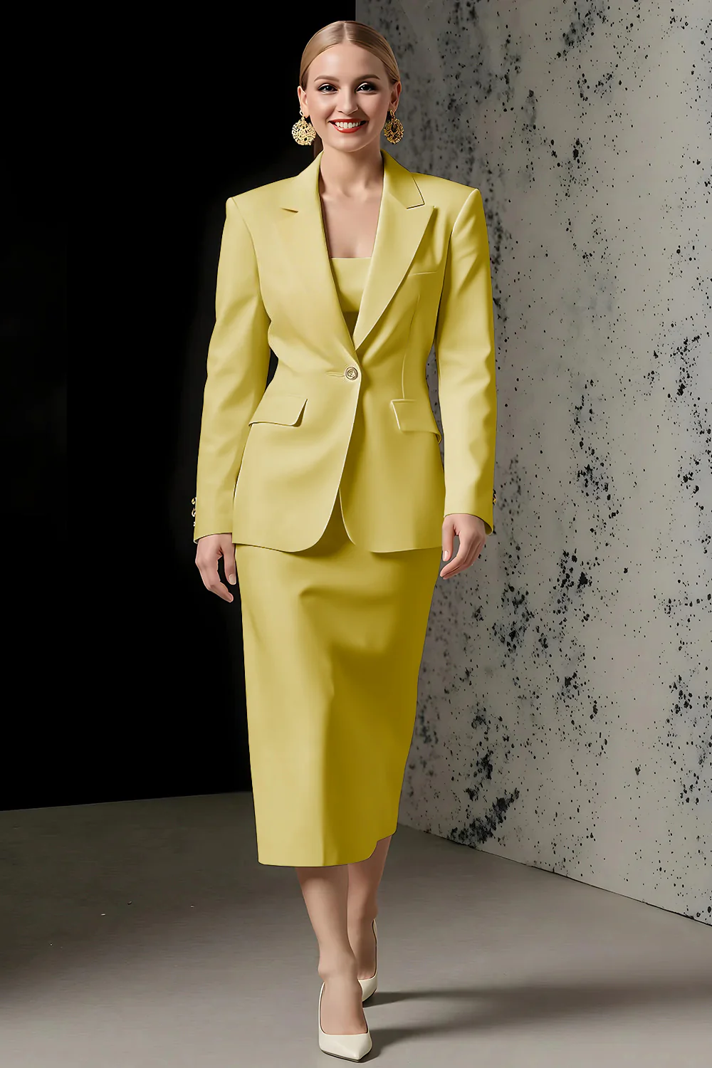 Ivory 2 Piece Ivory Peak Lapel Pencil Midi Business Suits - Image 12