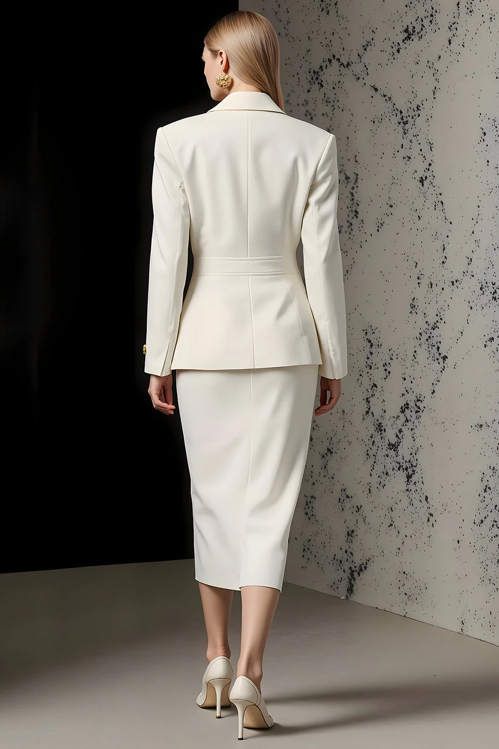 Ivory 2 Piece Ivory Peak Lapel Pencil Midi Business Suits - Image 2