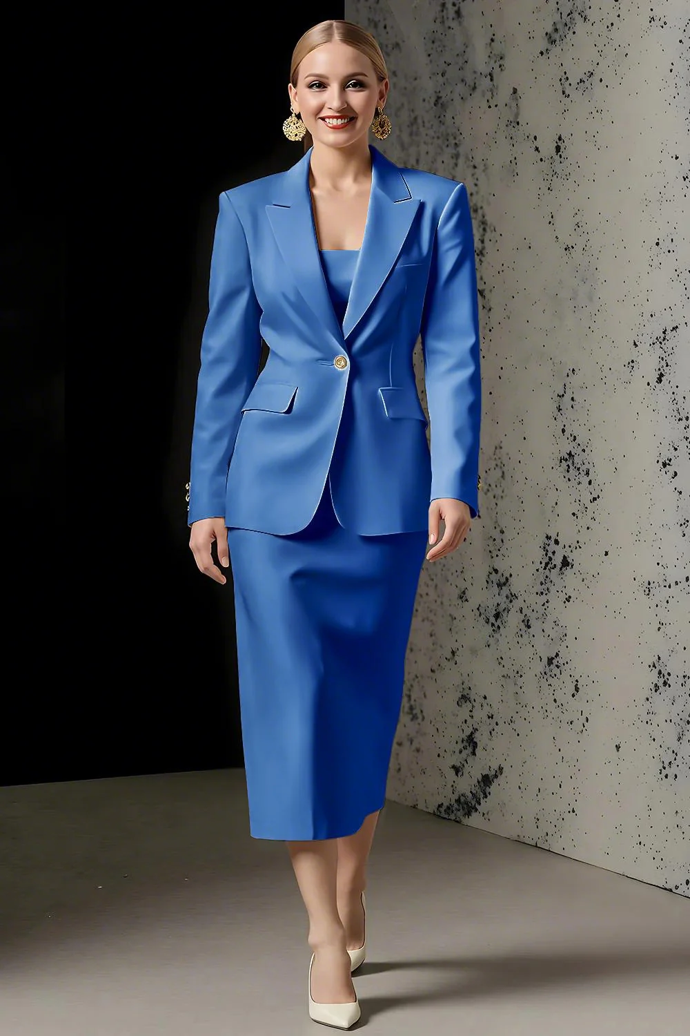 Ivory 2 Piece Ivory Peak Lapel Pencil Midi Business Suits - Image 4