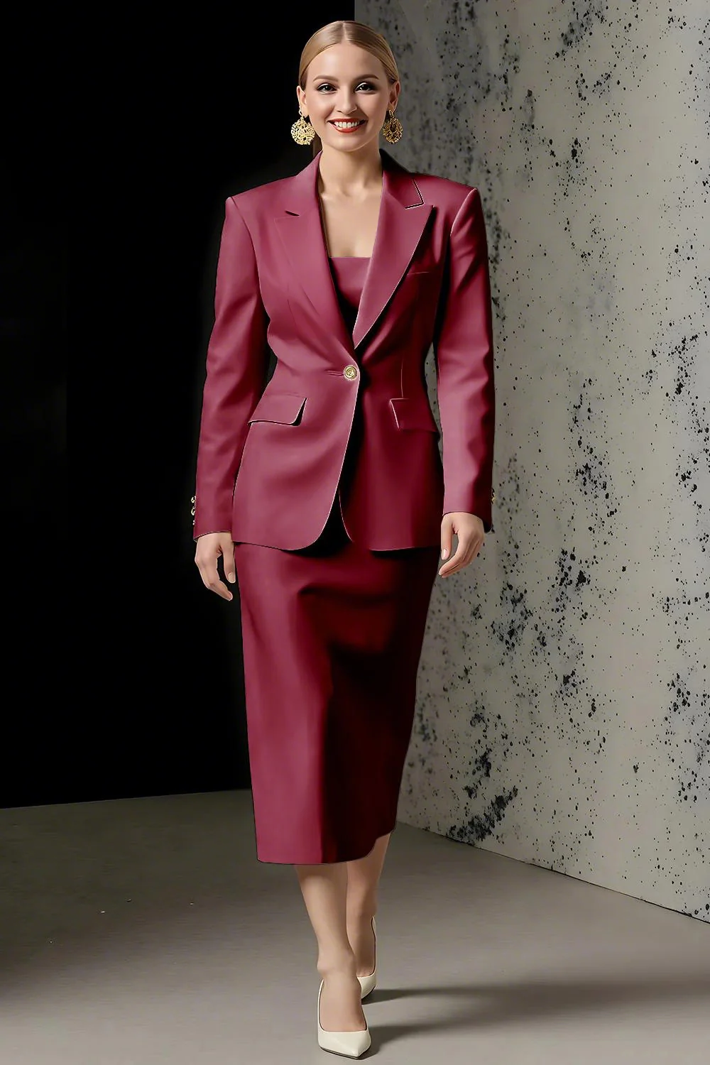 Ivory 2 Piece Ivory Peak Lapel Pencil Midi Business Suits - Image 5