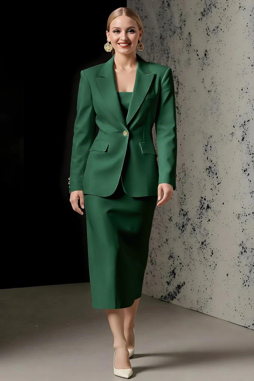 Ivory 2 Piece Ivory Peak Lapel Pencil Midi Business Suits - Image 7