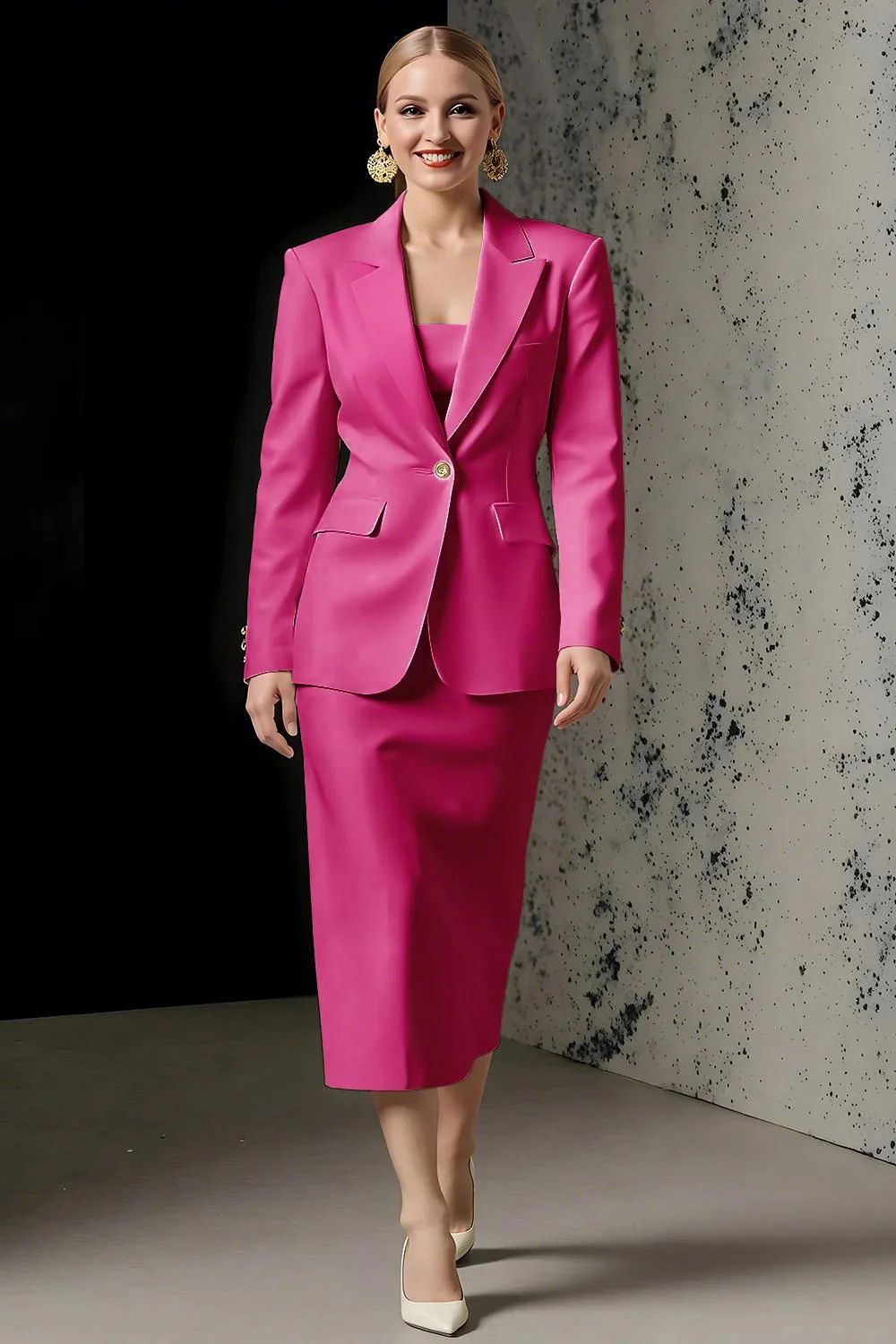 Ivory 2 Piece Ivory Peak Lapel Pencil Midi Business Suits - Image 8