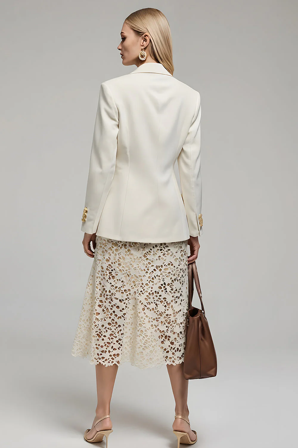 Ivory 2 Piece Notched Lapel Lace Pencil Business Suits - Image 2