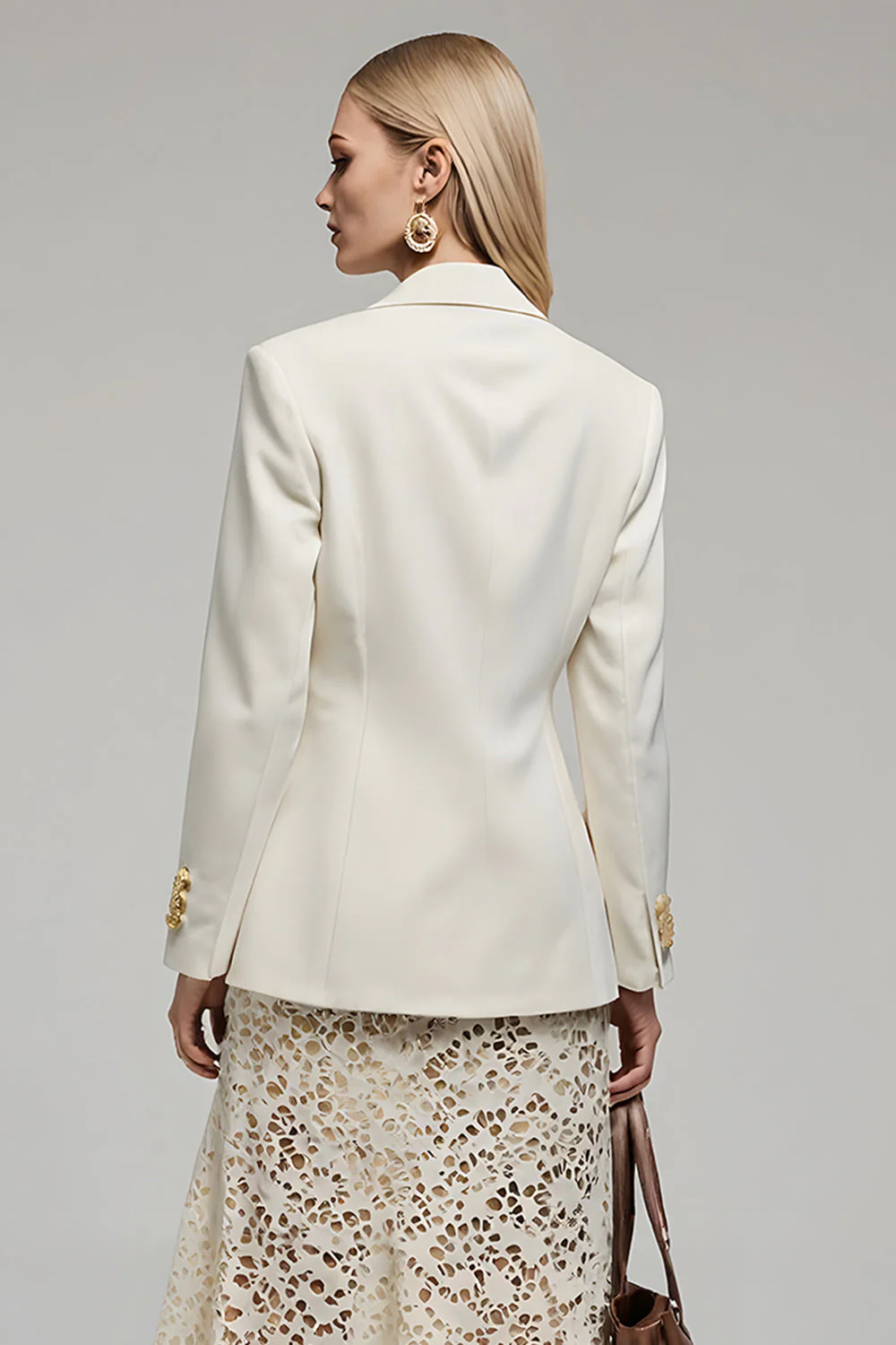 Ivory 2 Piece Notched Lapel Lace Pencil Business Suits - Image 4