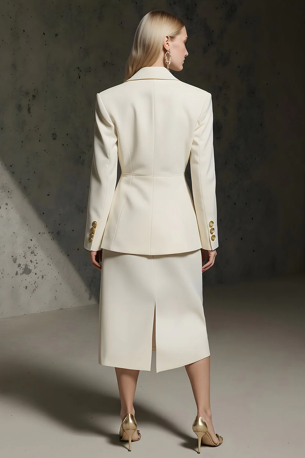 Ivory 2 Piece Notched Lapel Pencil Midi Business Suits - Image 2