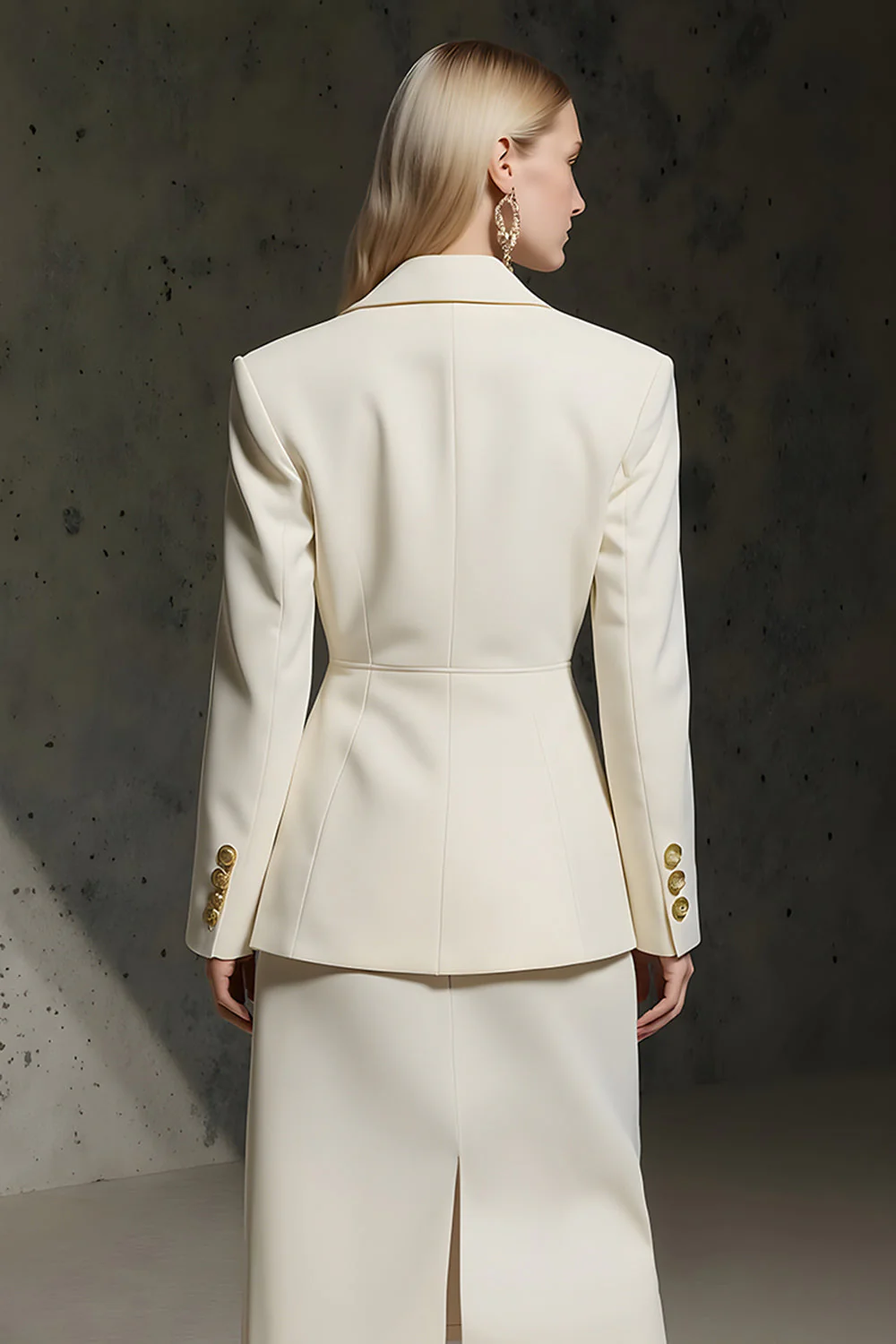 Ivory 2 Piece Notched Lapel Pencil Midi Business Suits - Image 4