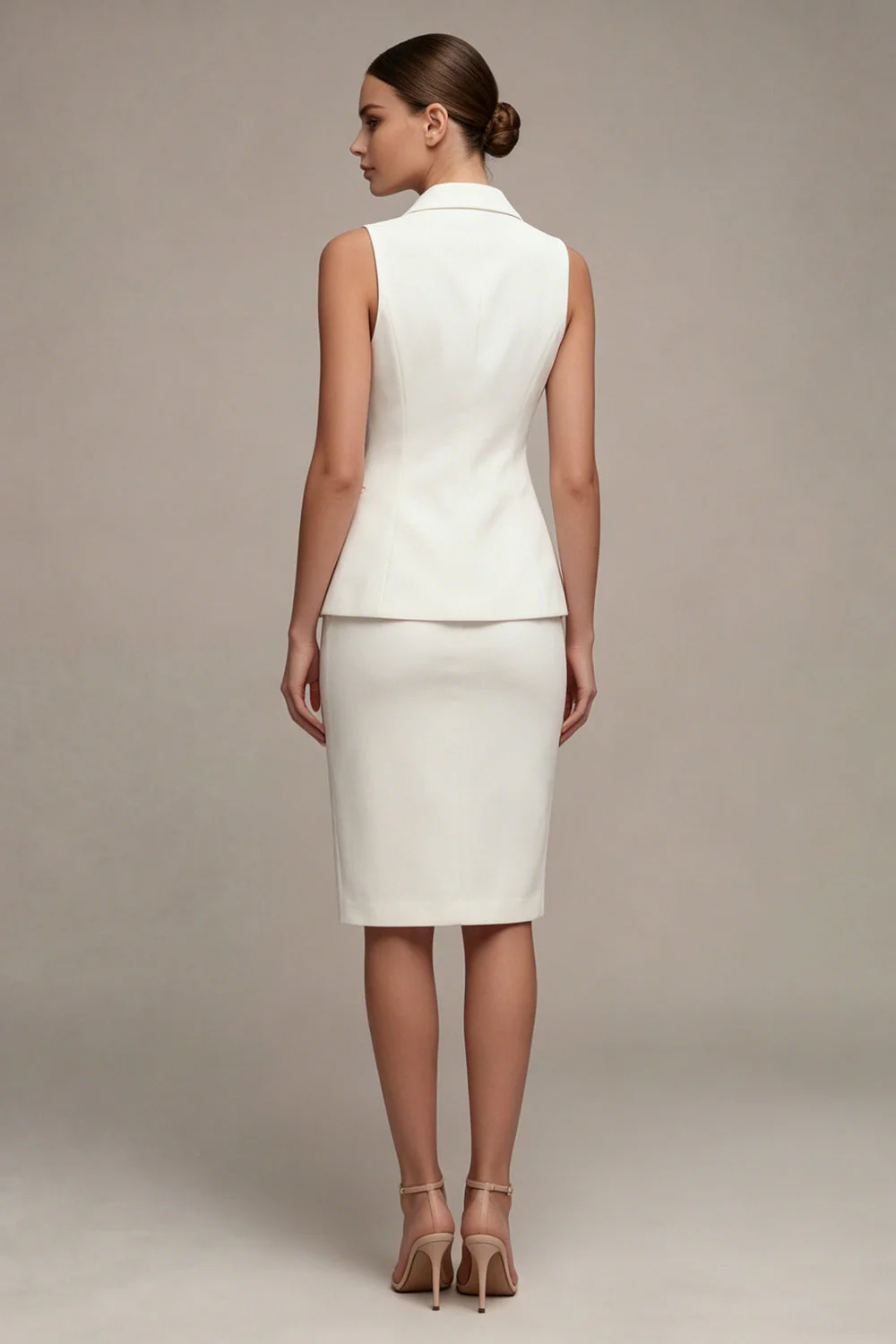 Ivory 2 Piece Notched Lapel Sheath Single Breasted Midi Business Dress - Image 2