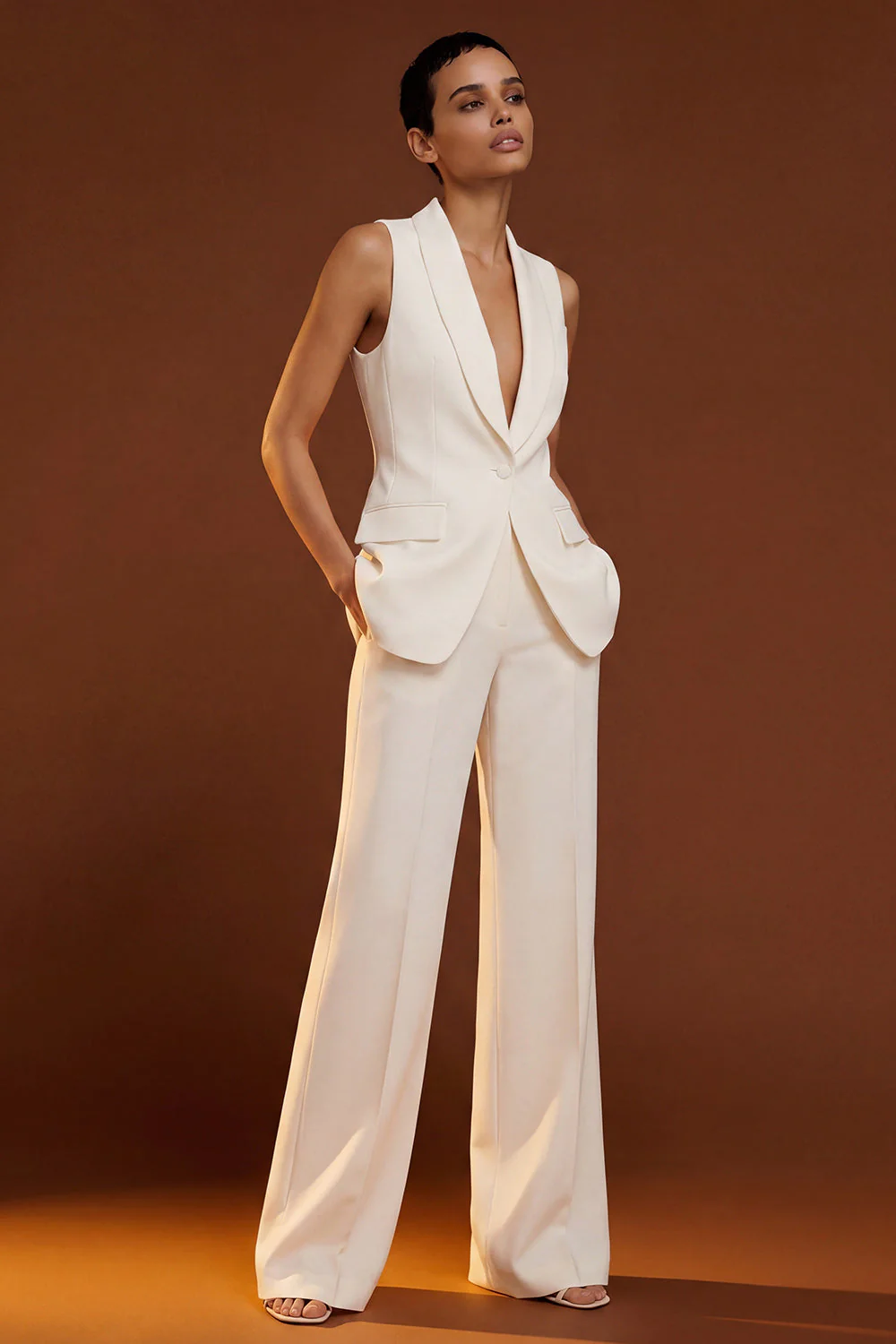 Ivory 2 Piece Shawl Lapel One Button Slim Fit Women Suits - Image 3
