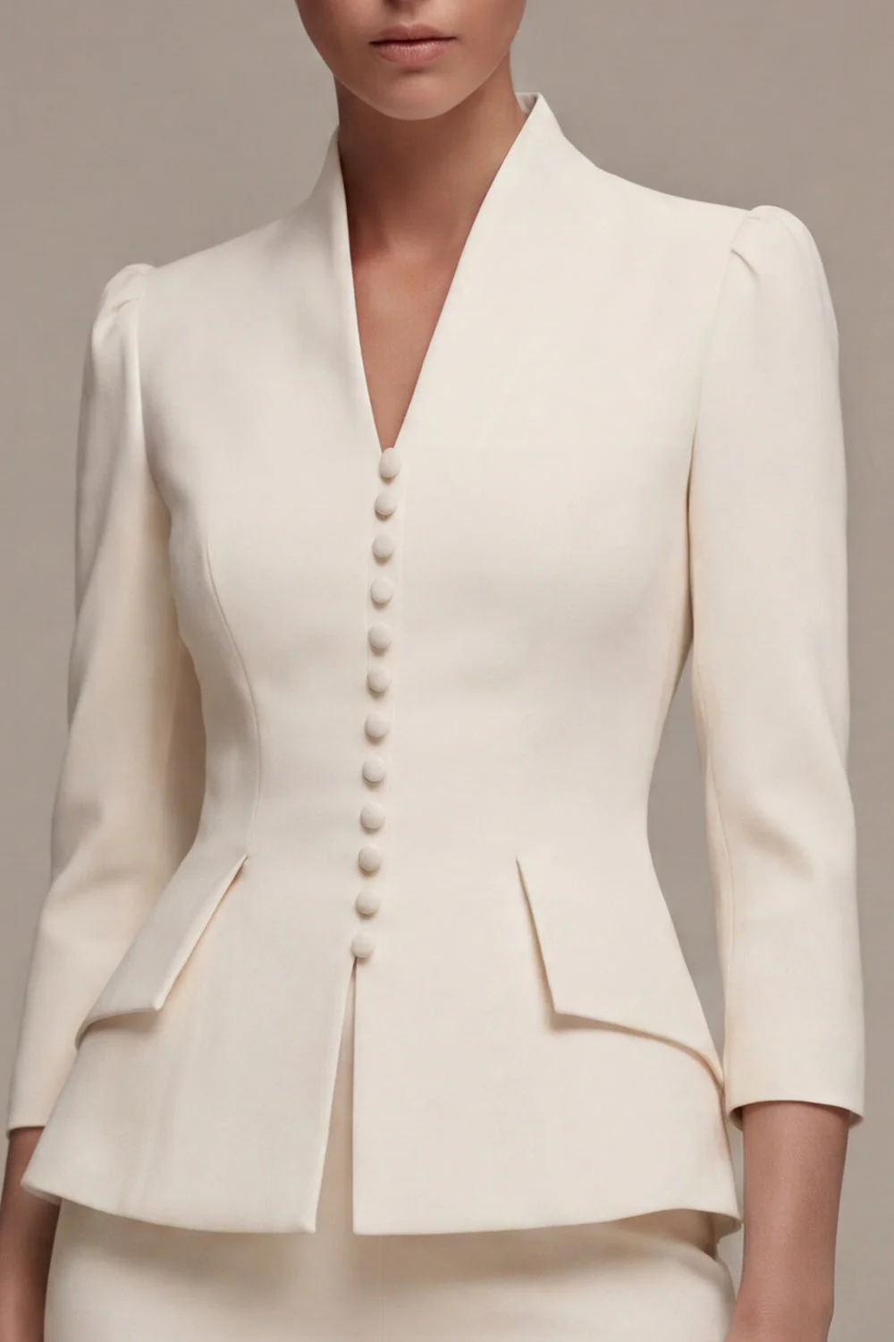 Ivory 3/4 Sleeves 2 Piece Single Breasted Midi Business Dress - Image 2