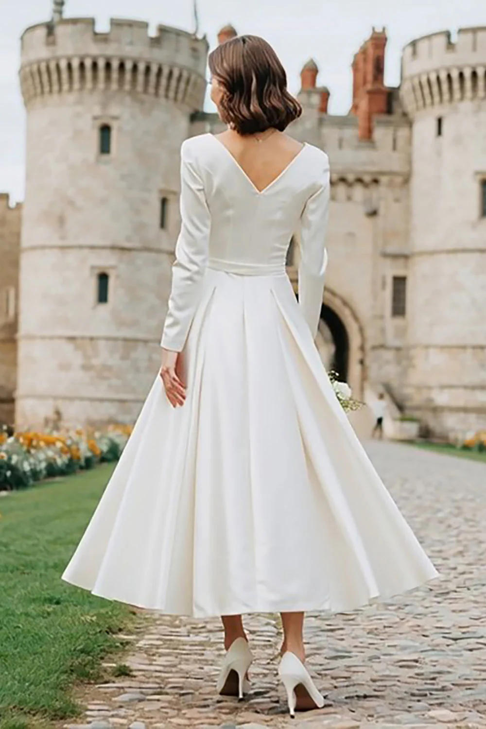 Ivory A Line Bateau Neck Long Engagement Dress with Long Sleeves - Image 2