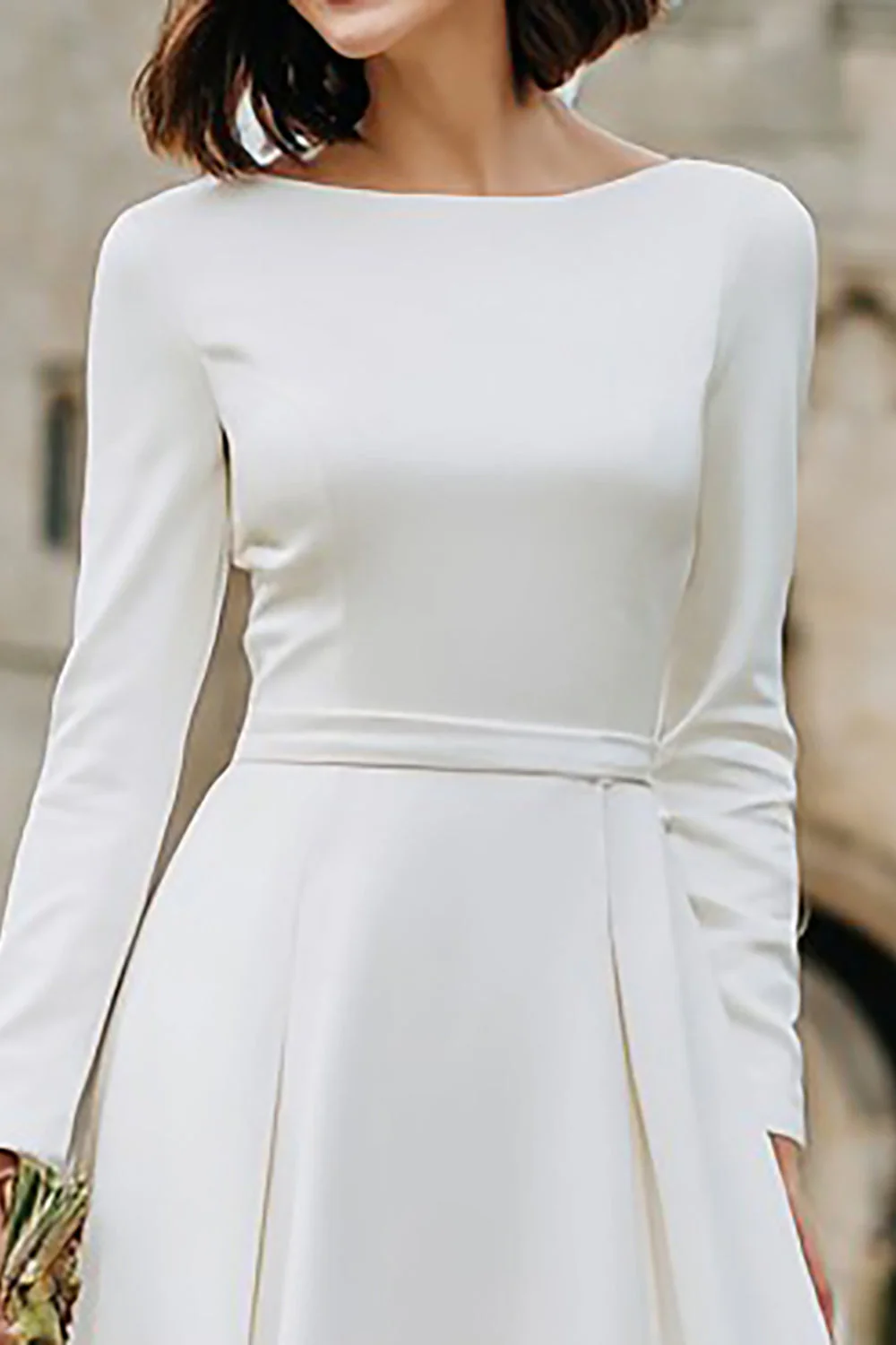 Ivory A Line Bateau Neck Long Engagement Dress with Long Sleeves - Image 3