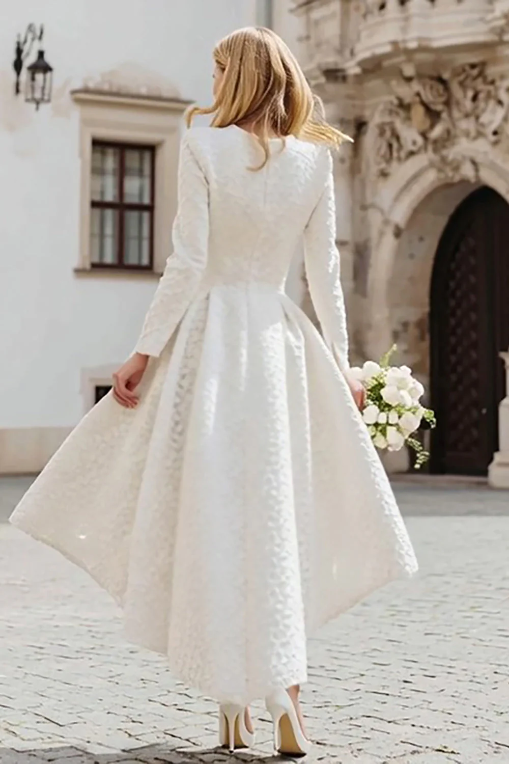 Ivory A Line Bateau Neck Long Sleeve High-Low Engagement Dress - Image 2