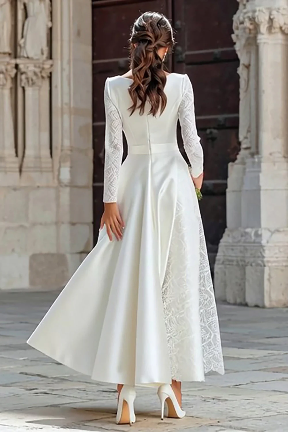 Ivory A Line Boat Neck Wedding Reception Dress with Lace - Image 2