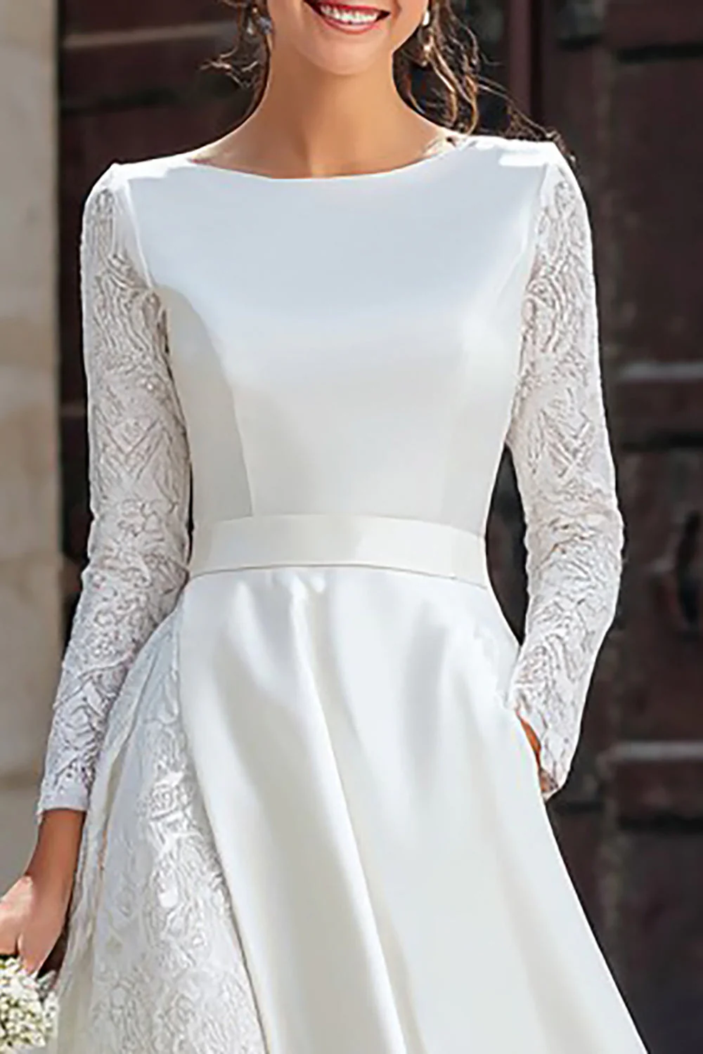 Ivory A Line Boat Neck Wedding Reception Dress with Lace - Image 3