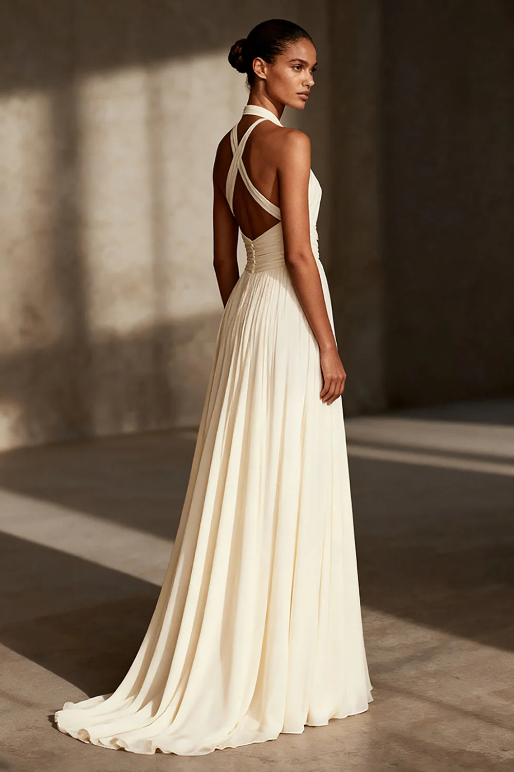 Ivory A-Line Halter Backless Long Formal Dress - Image 2
