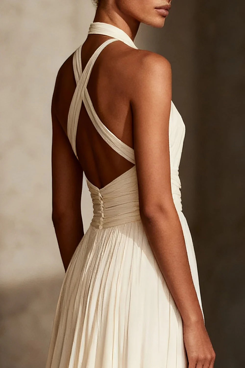 Ivory A-Line Halter Backless Long Formal Dress - Image 4