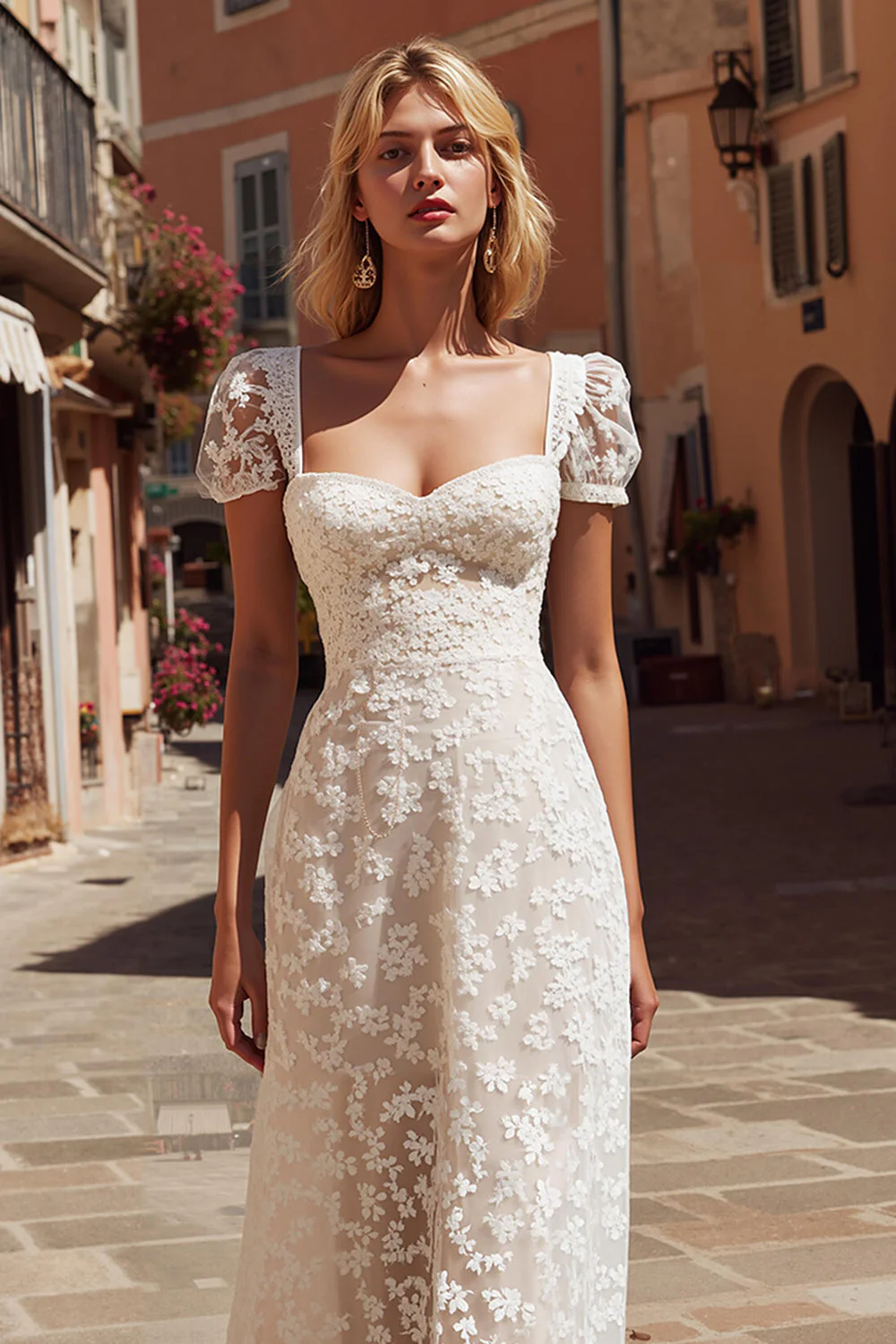 Ivory A Line Lace Short Sleeve Wedding Dress - Image 3