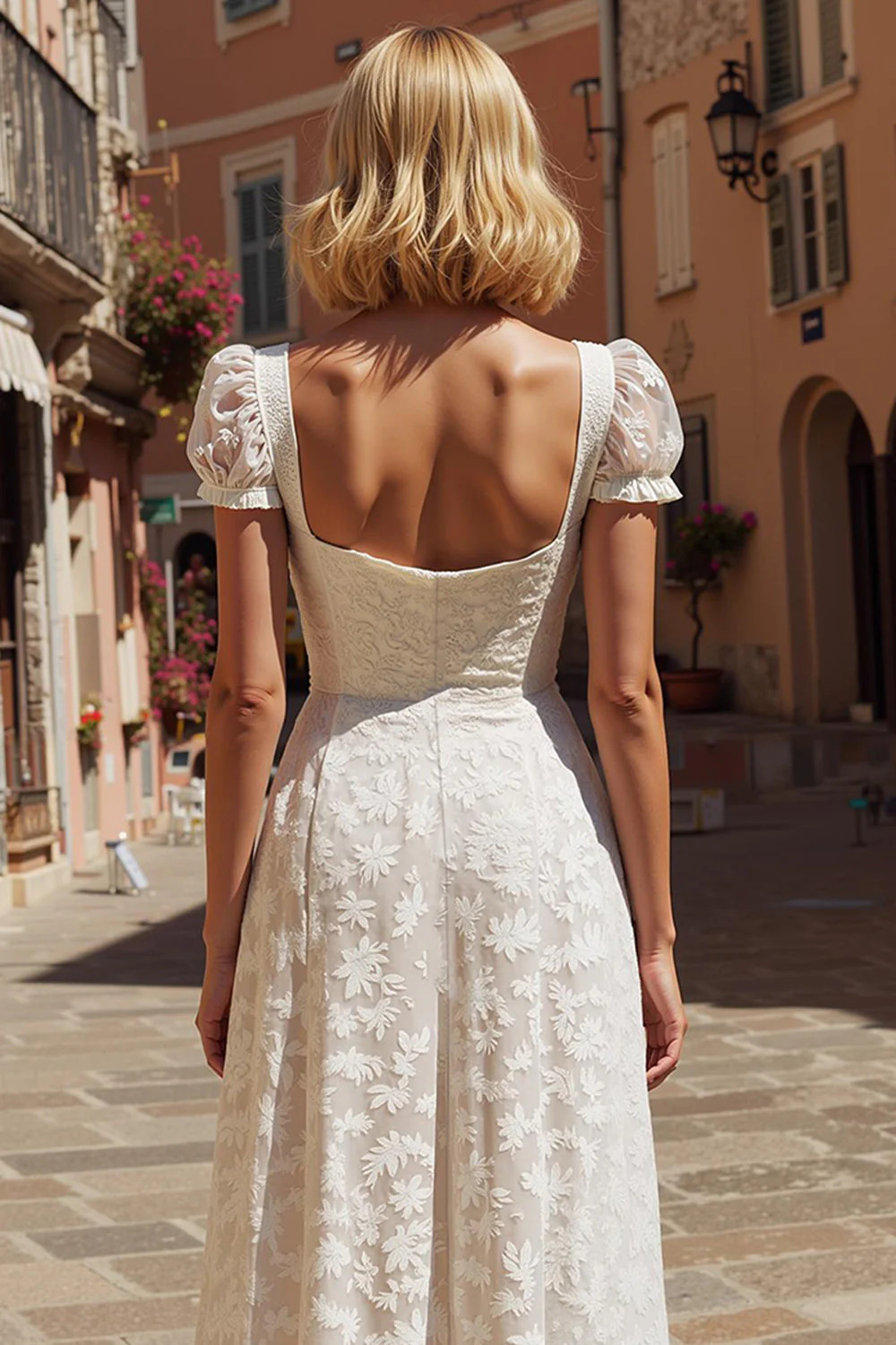 Ivory A Line Lace Short Sleeve Wedding Dress - Image 4