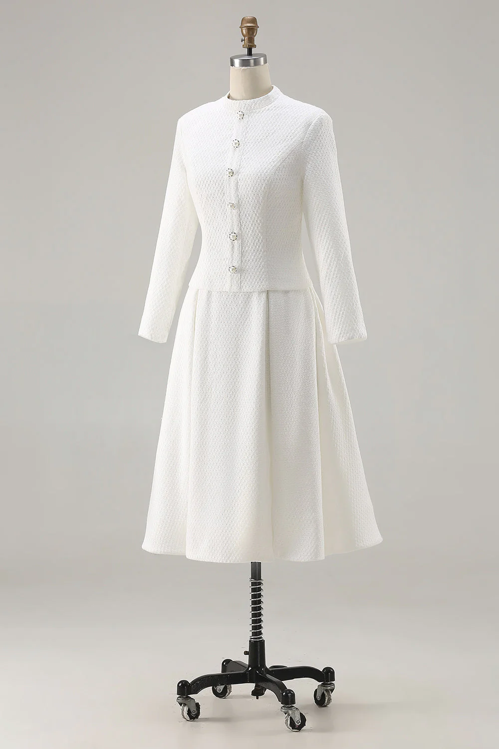 Ivory A Line Round Neck Long Sleeve Midi Work Dress - Image 3