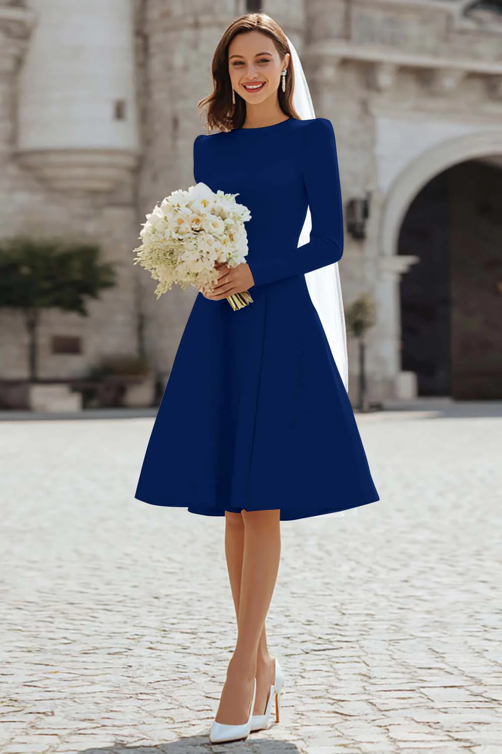 Ivory A-Line Satin Midi Engagement Dress - Image 11