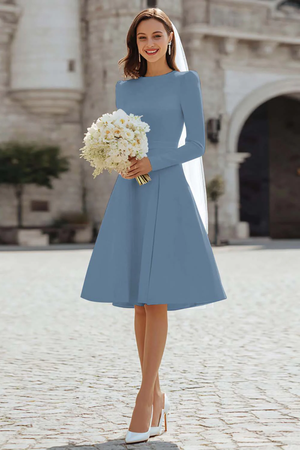 Ivory A-Line Satin Midi Engagement Dress - Image 15