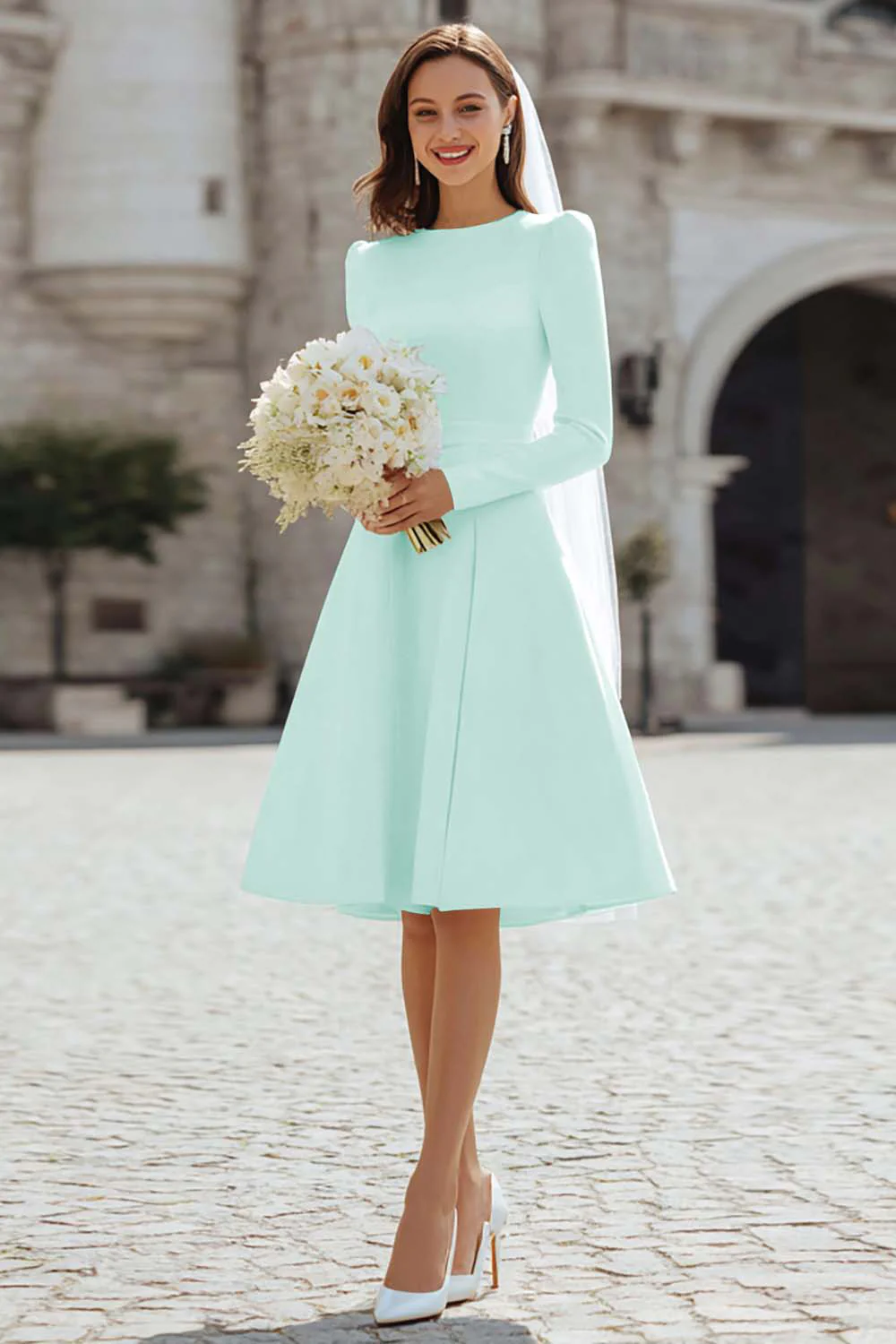 Ivory A-Line Satin Midi Engagement Dress - Image 17