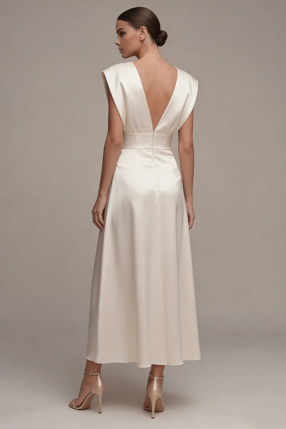 Ivory A-Line Satin V-Neck Ruched Long Engagement Dress - Image 2