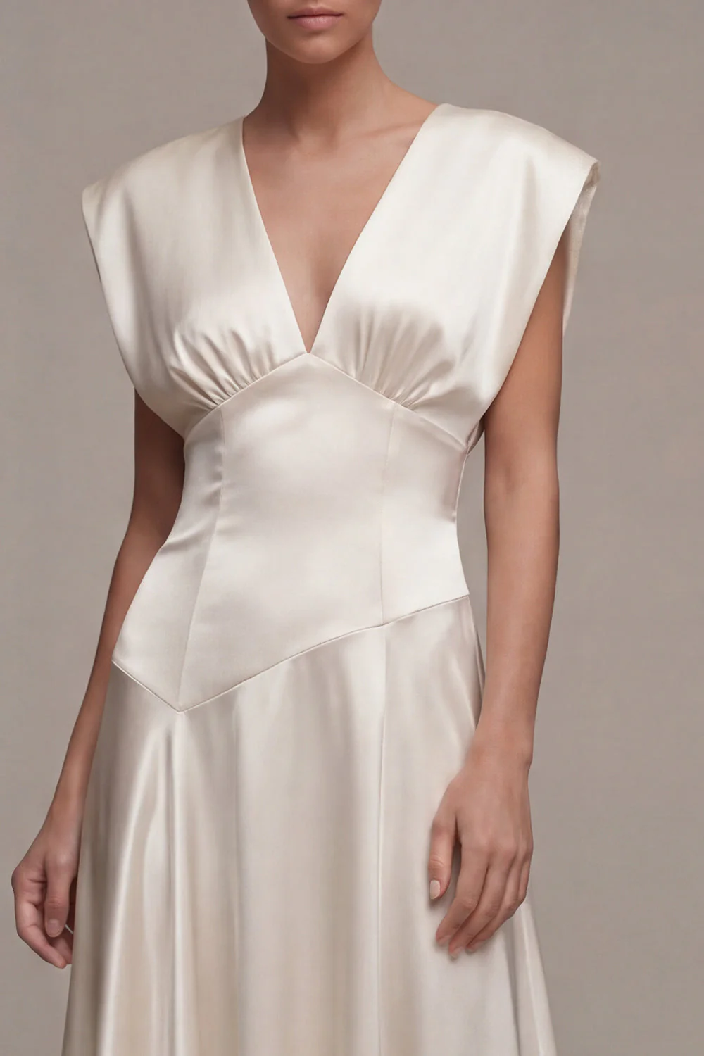 Ivory A-Line Satin V-Neck Ruched Long Engagement Dress - Image 3