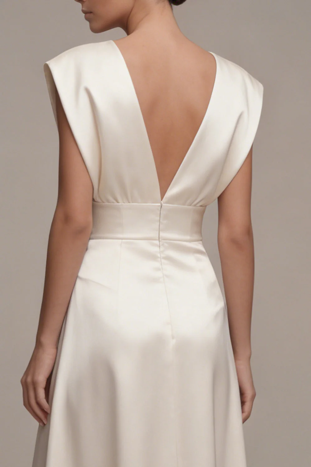 Ivory A-Line Satin V-Neck Ruched Long Engagement Dress - Image 4