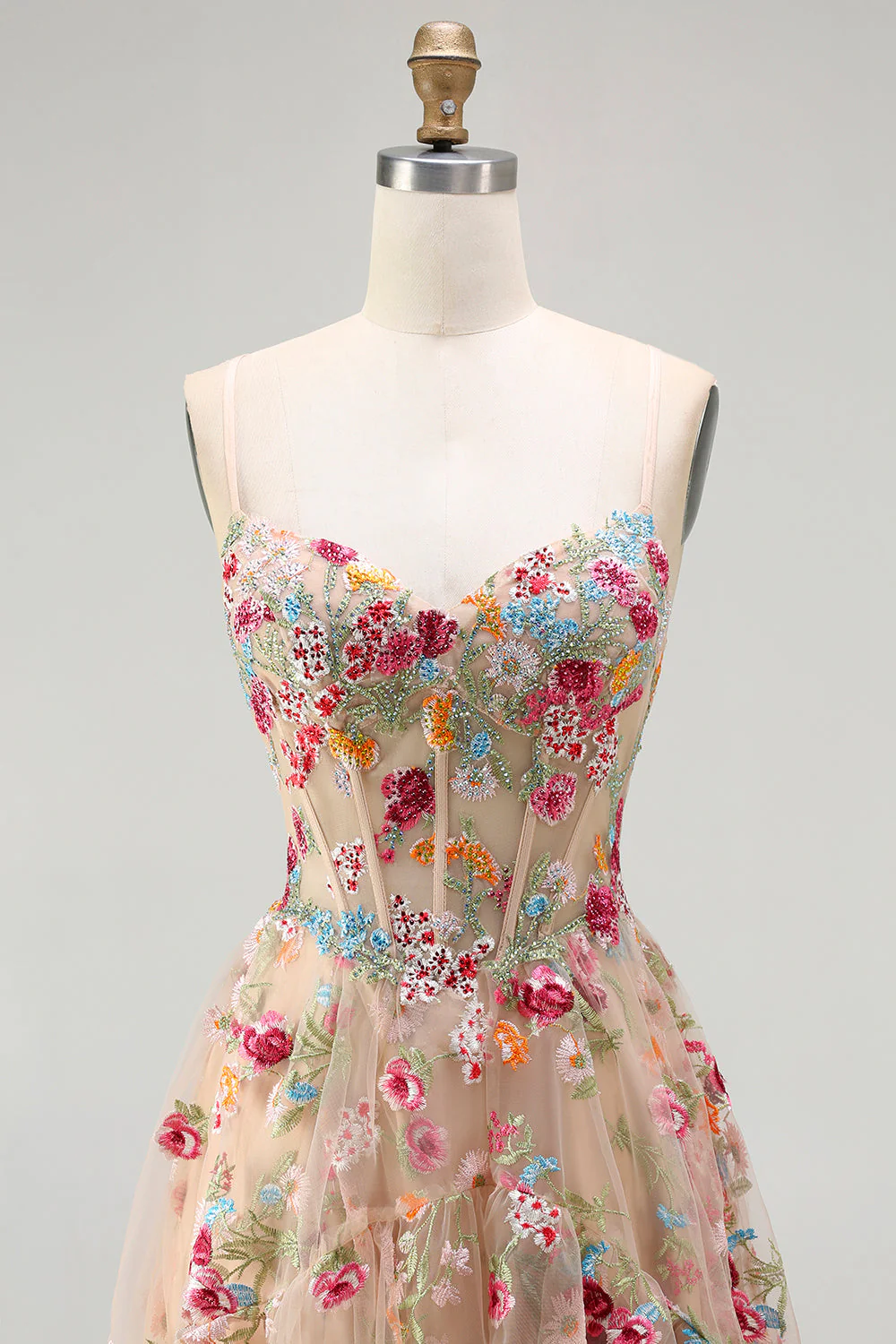 Ivory A Line Sheer Boned Corset Embroidered Long Floral Dress with Ruffled Slit - Image 10