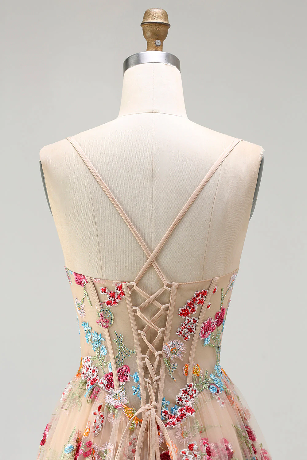 Ivory A Line Sheer Boned Corset Embroidered Long Floral Dress with Ruffled Slit - Image 11