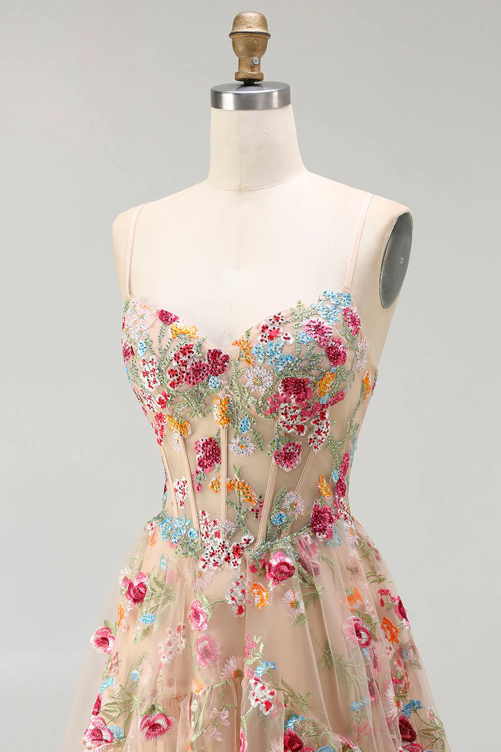Ivory A Line Sheer Boned Corset Embroidered Long Floral Dress with Ruffled Slit - Image 12