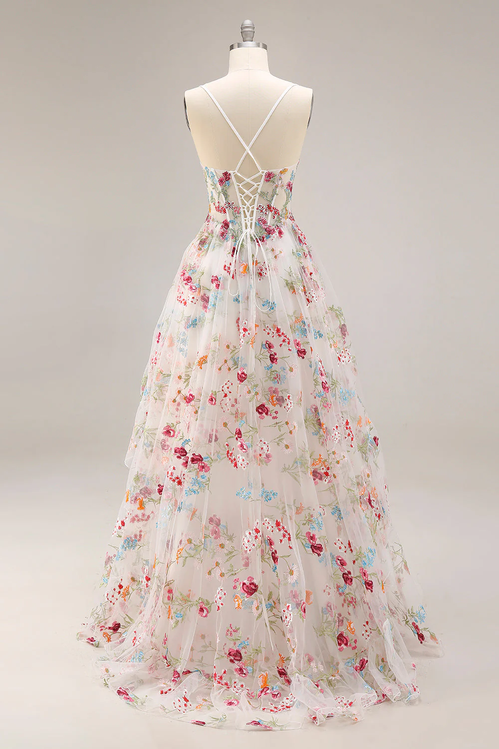 Ivory A Line Sheer Boned Corset Embroidered Long Floral Dress with Ruffled Slit - Image 2