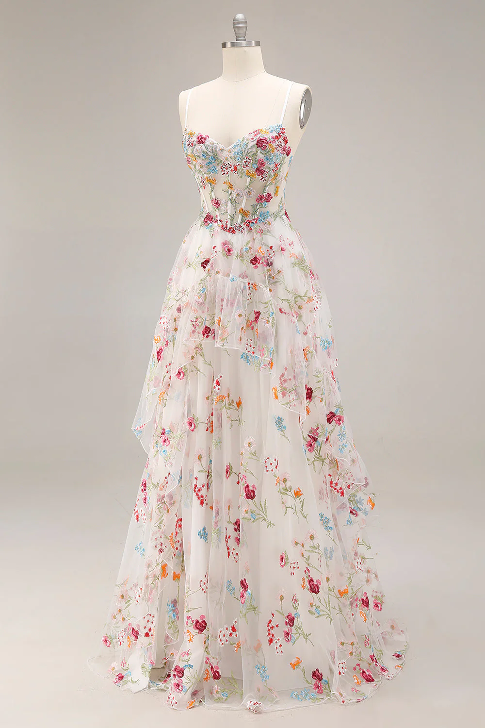 Ivory A Line Sheer Boned Corset Embroidered Long Floral Dress with Ruffled Slit - Image 3