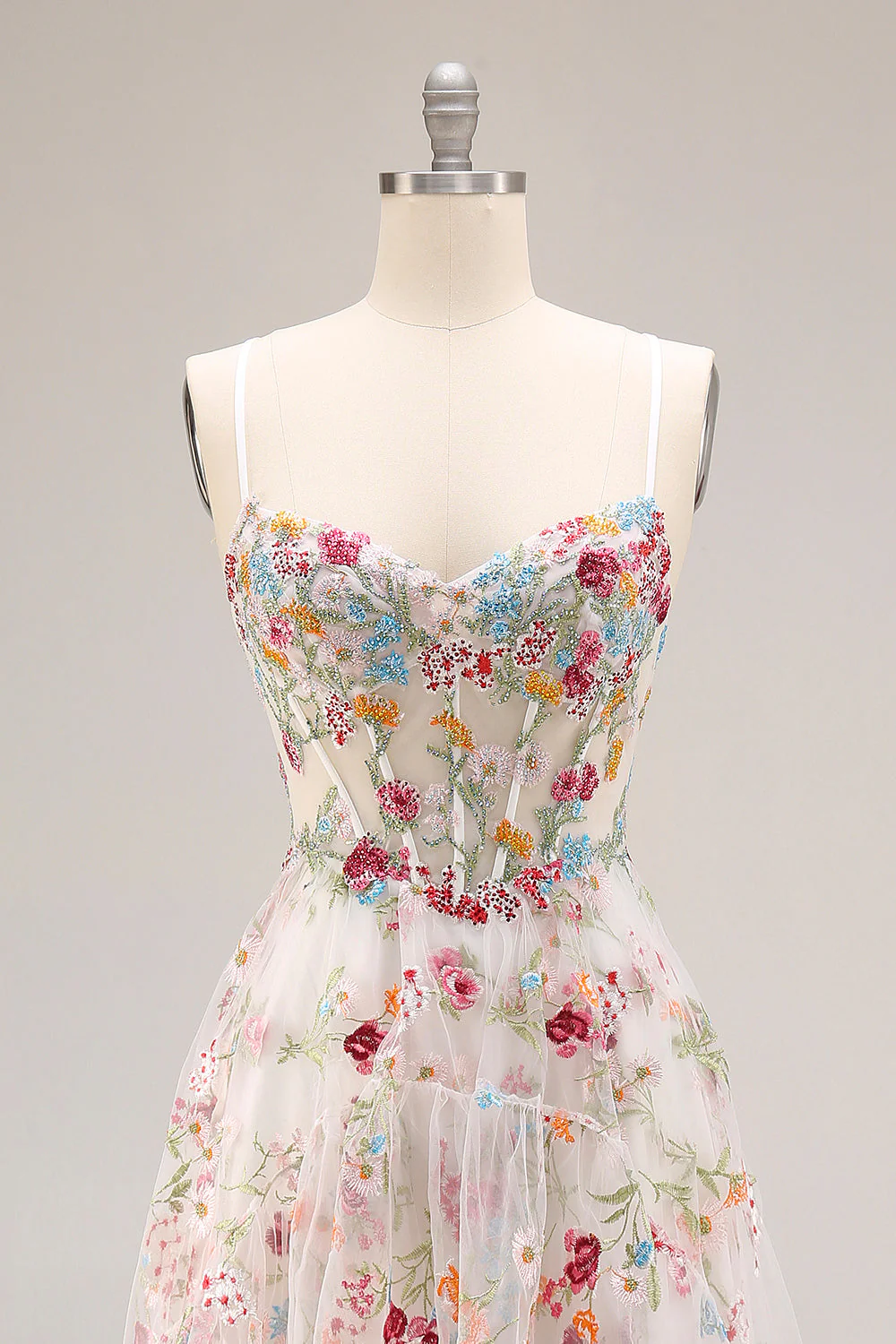 Ivory A Line Sheer Boned Corset Embroidered Long Floral Dress with Ruffled Slit - Image 4