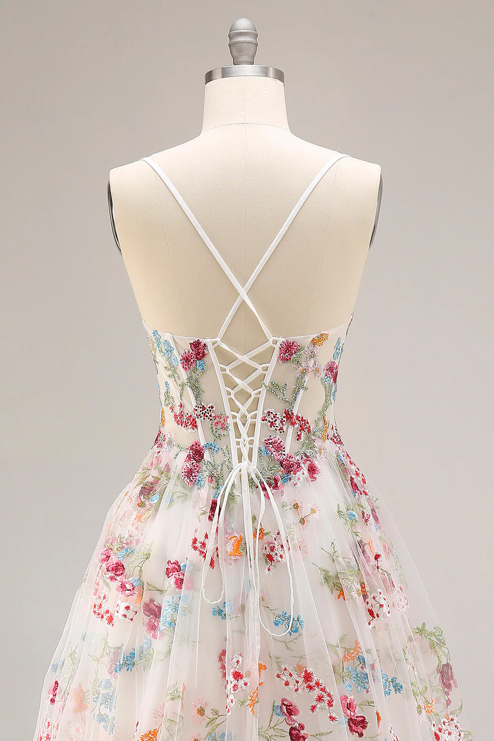 Ivory A Line Sheer Boned Corset Embroidered Long Floral Dress with Ruffled Slit - Image 5