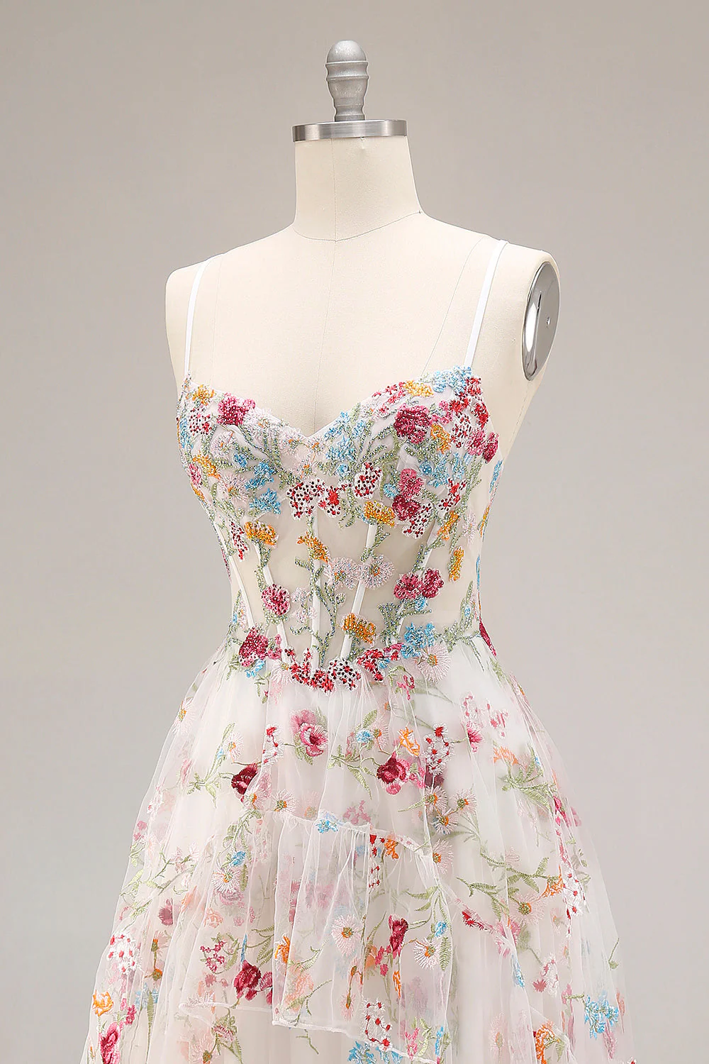 Ivory A Line Sheer Boned Corset Embroidered Long Floral Dress with Ruffled Slit - Image 6