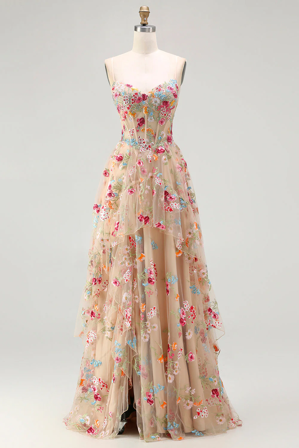 Ivory A Line Sheer Boned Corset Embroidered Long Floral Dress with Ruffled Slit - Image 7