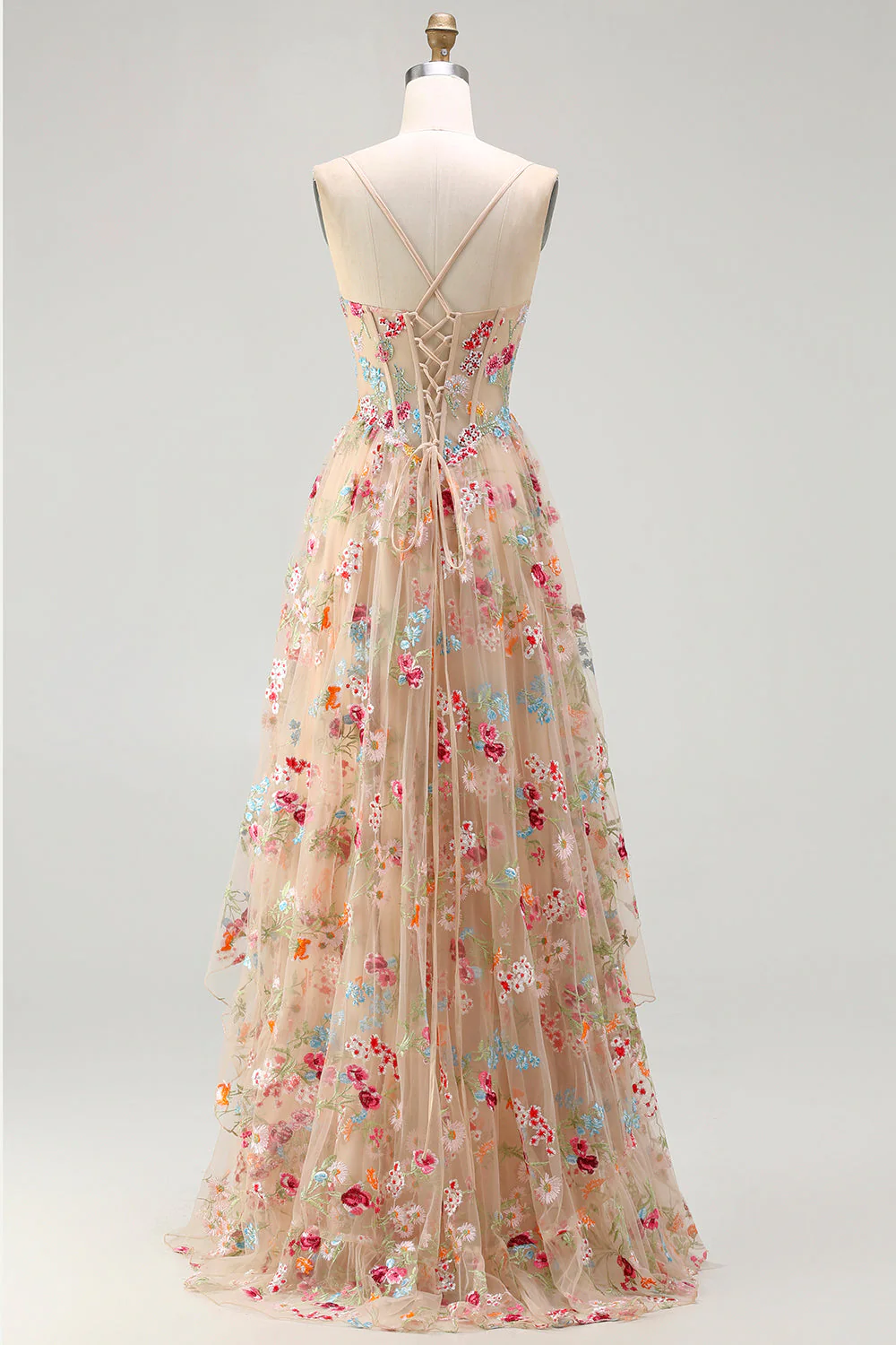 Ivory A Line Sheer Boned Corset Embroidered Long Floral Dress with Ruffled Slit - Image 8