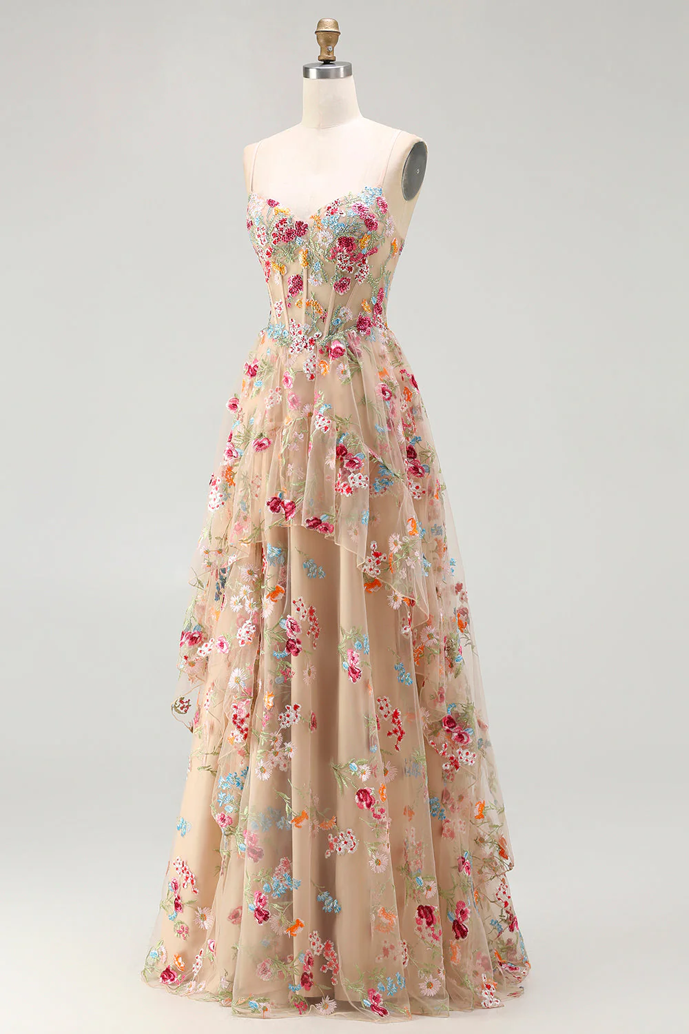 Ivory A Line Sheer Boned Corset Embroidered Long Floral Dress with Ruffled Slit - Image 9