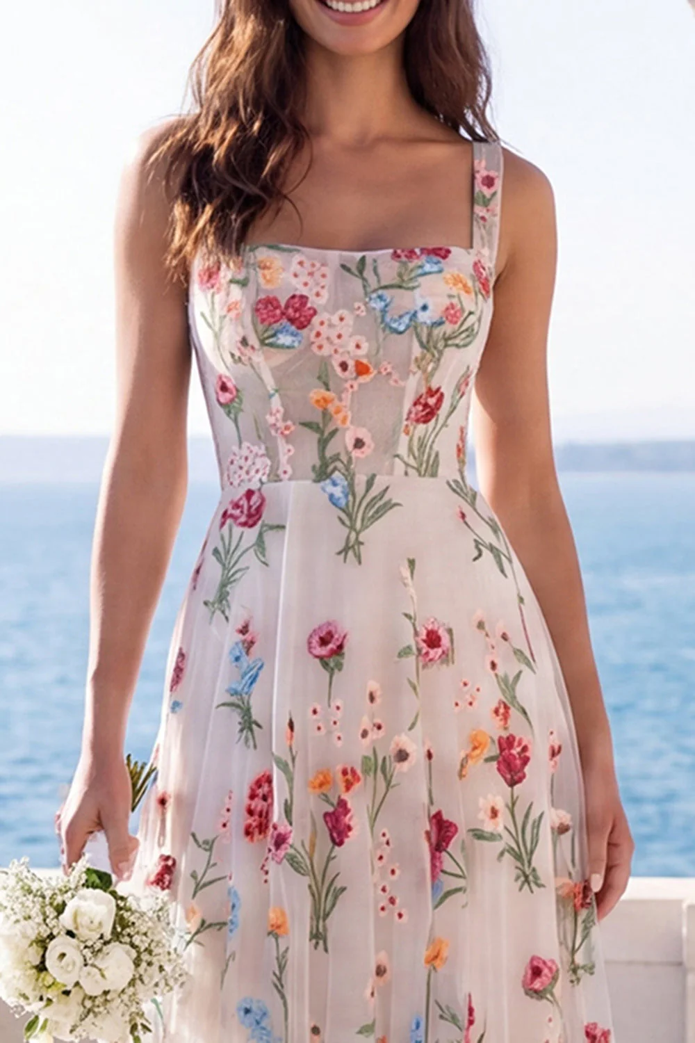 Ivory A Line Square Neck Floral Wedding Dress - Image 3