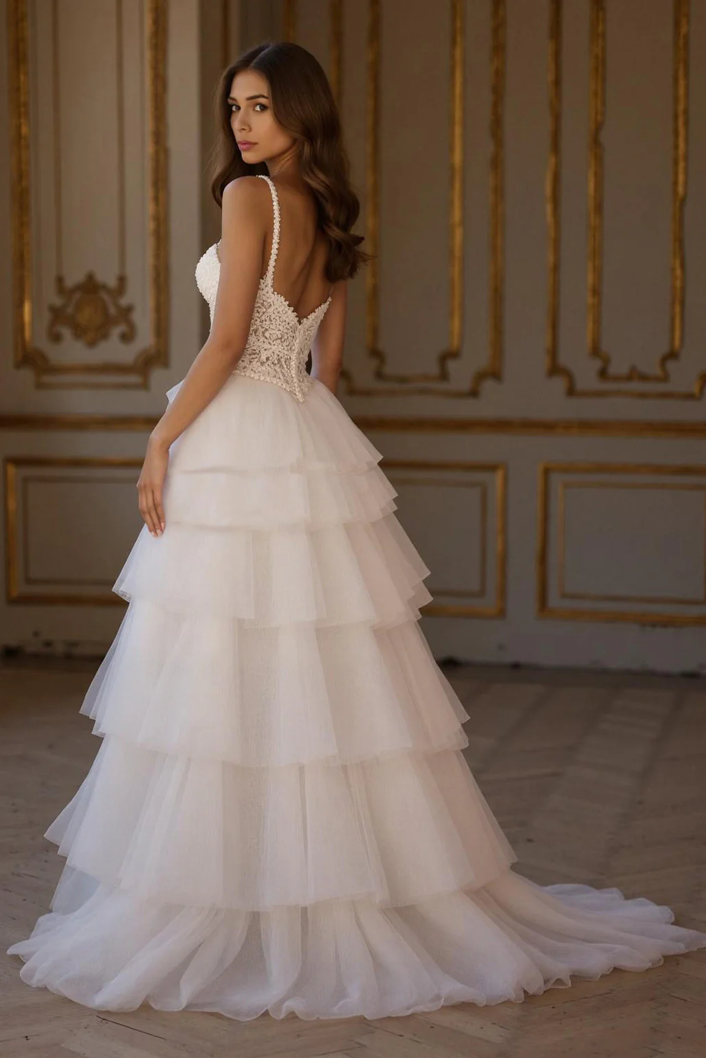 Ivory A Line Tiered Sweep Train Wedding Dress With Slit - Image 2