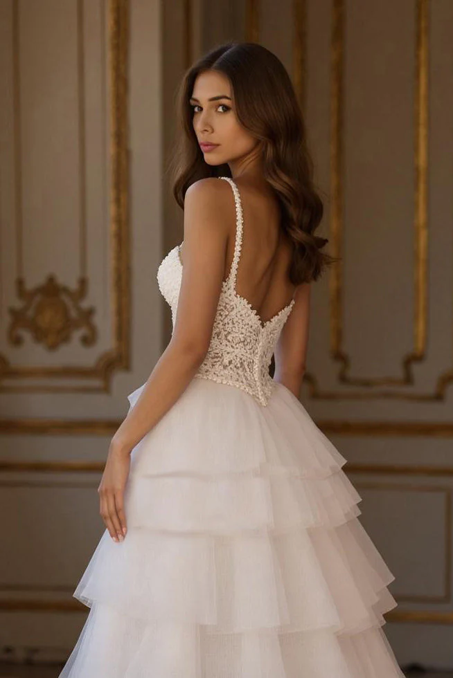 Ivory A Line Tiered Sweep Train Wedding Dress With Slit - Image 4