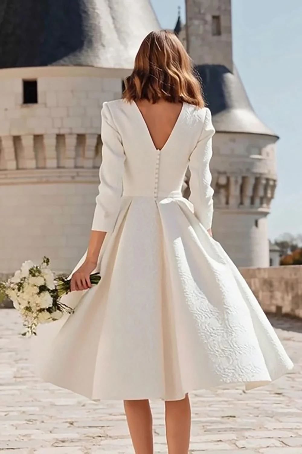 Ivory A Line V-Neck Midi Engagement Dress with 3/4 Sleeves - Image 2